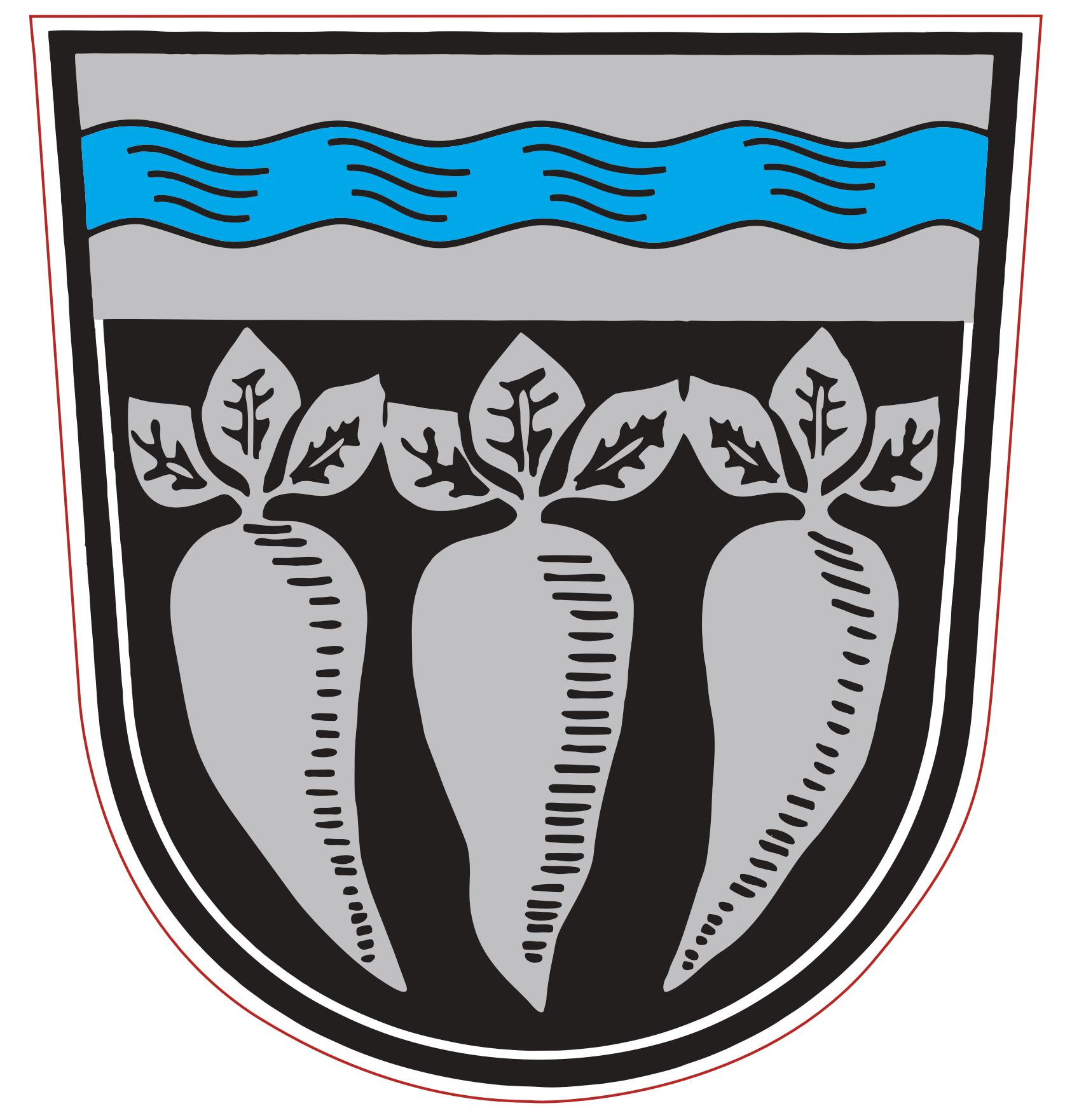 Wappen der Gemeinde Pfatter, 3 silberne Rüben mit silbernen Blättern